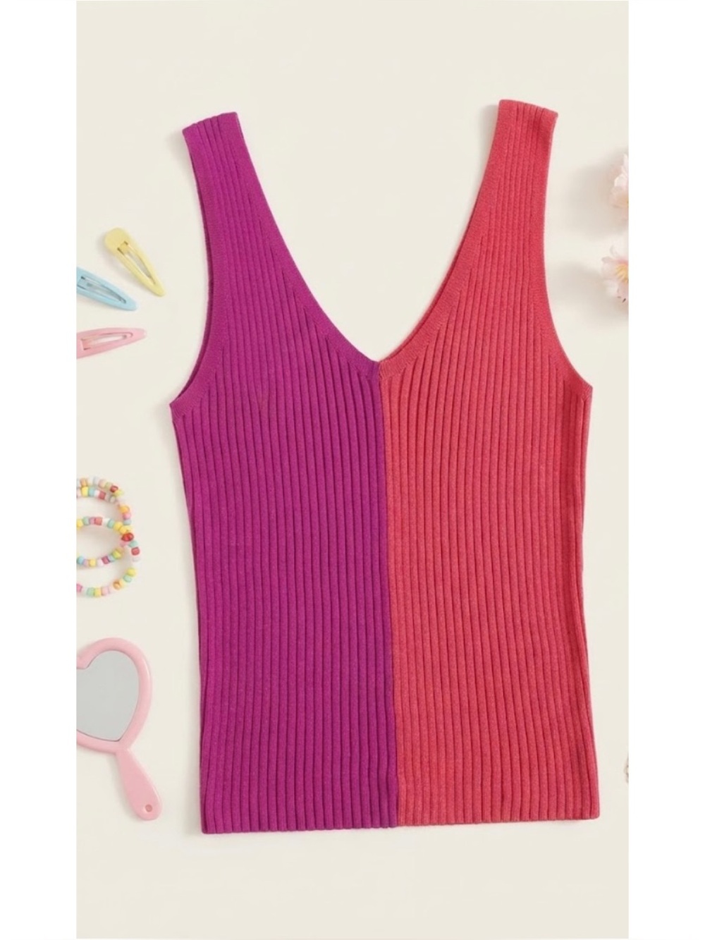 MNG Mango V-Neck Ribbed Split Colorblock Stretchy Tank Top